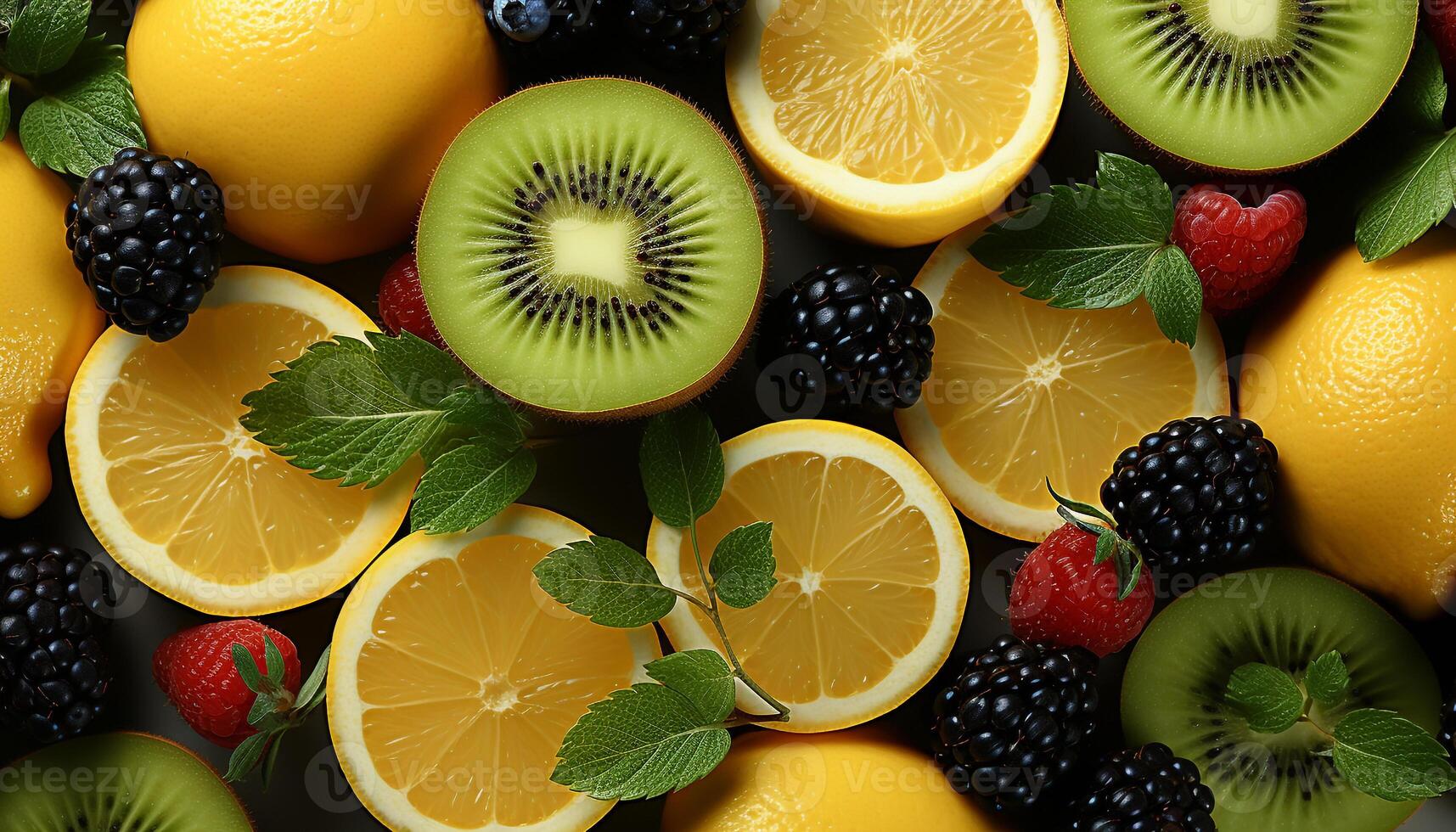 AI generated Fresh, healthy fruit collection citrus, strawberry, raspberry, kiwi, blueberry generated by AI photo
