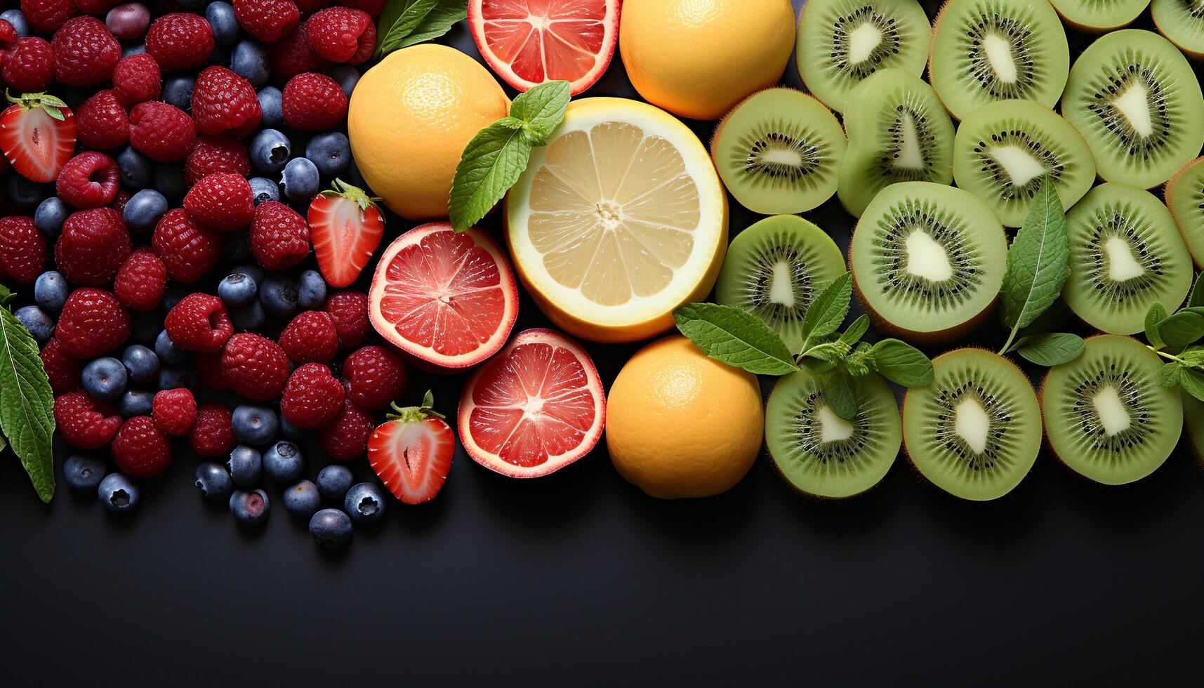 AI generated Fresh, healthy fruit collection orange, strawberry, raspberry, lime, blueberry, kiwi generated by AI photo