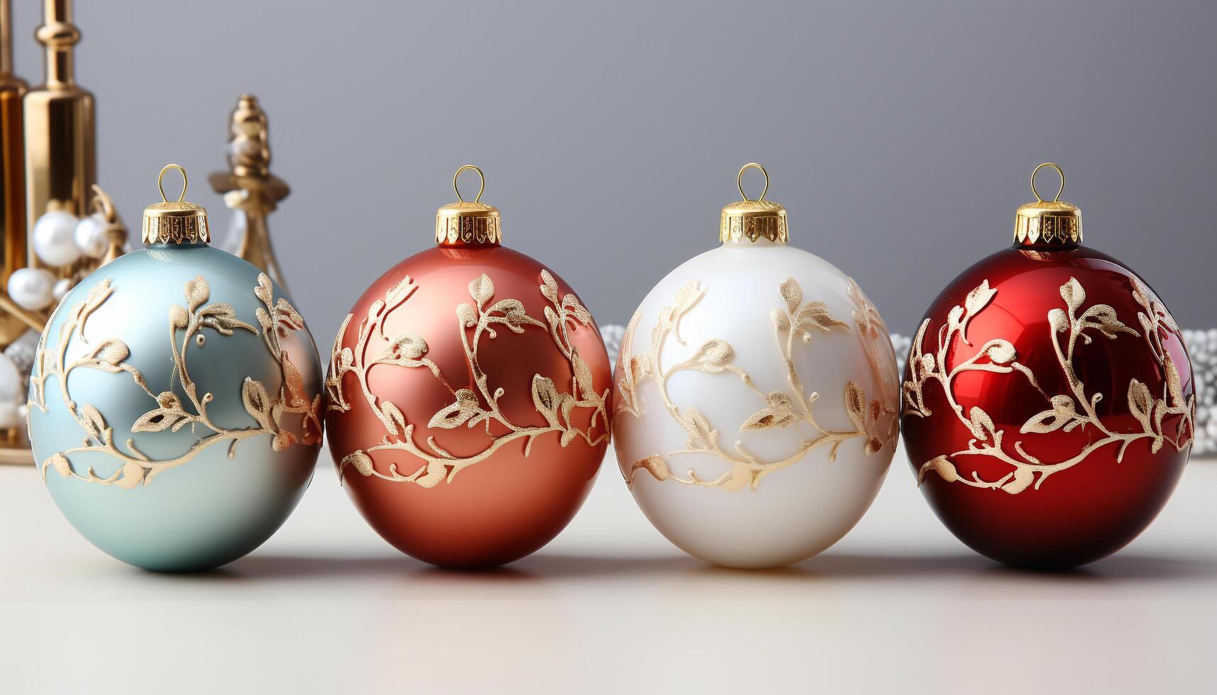 AI generated Christmas ornaments in gold, blue, and yellow decorate the tree generated by AI photo