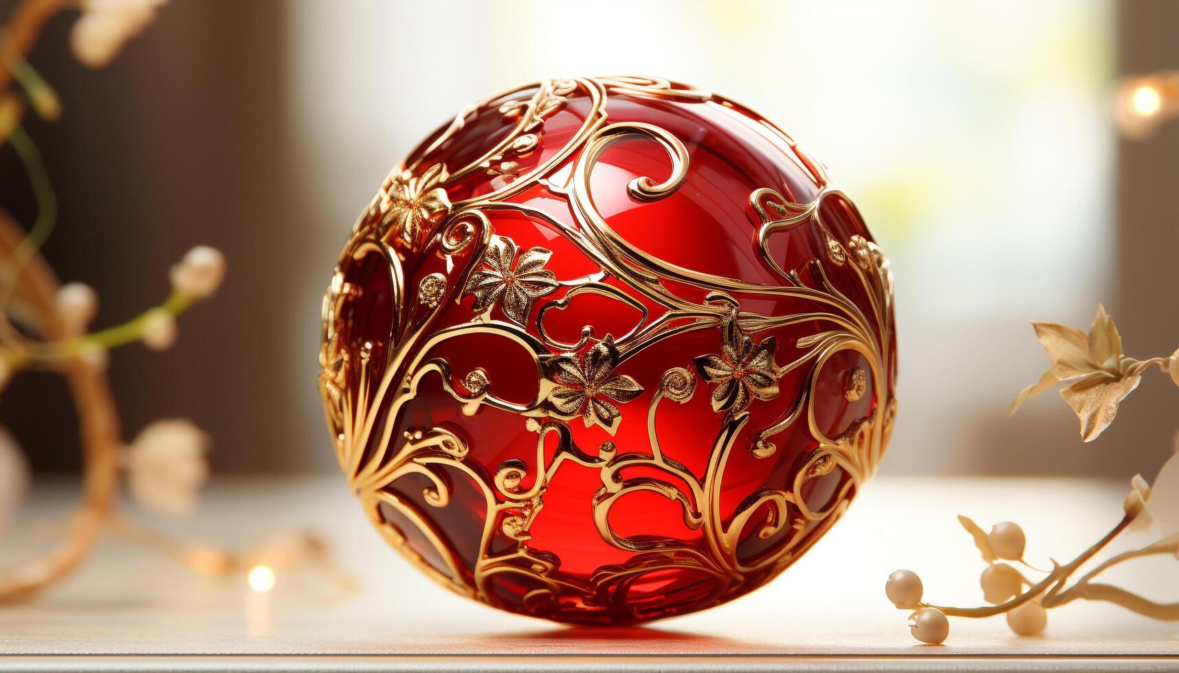 AI generated Christmas ornament decoration, gold winter celebration, shiny ball on tree generated by AI photo