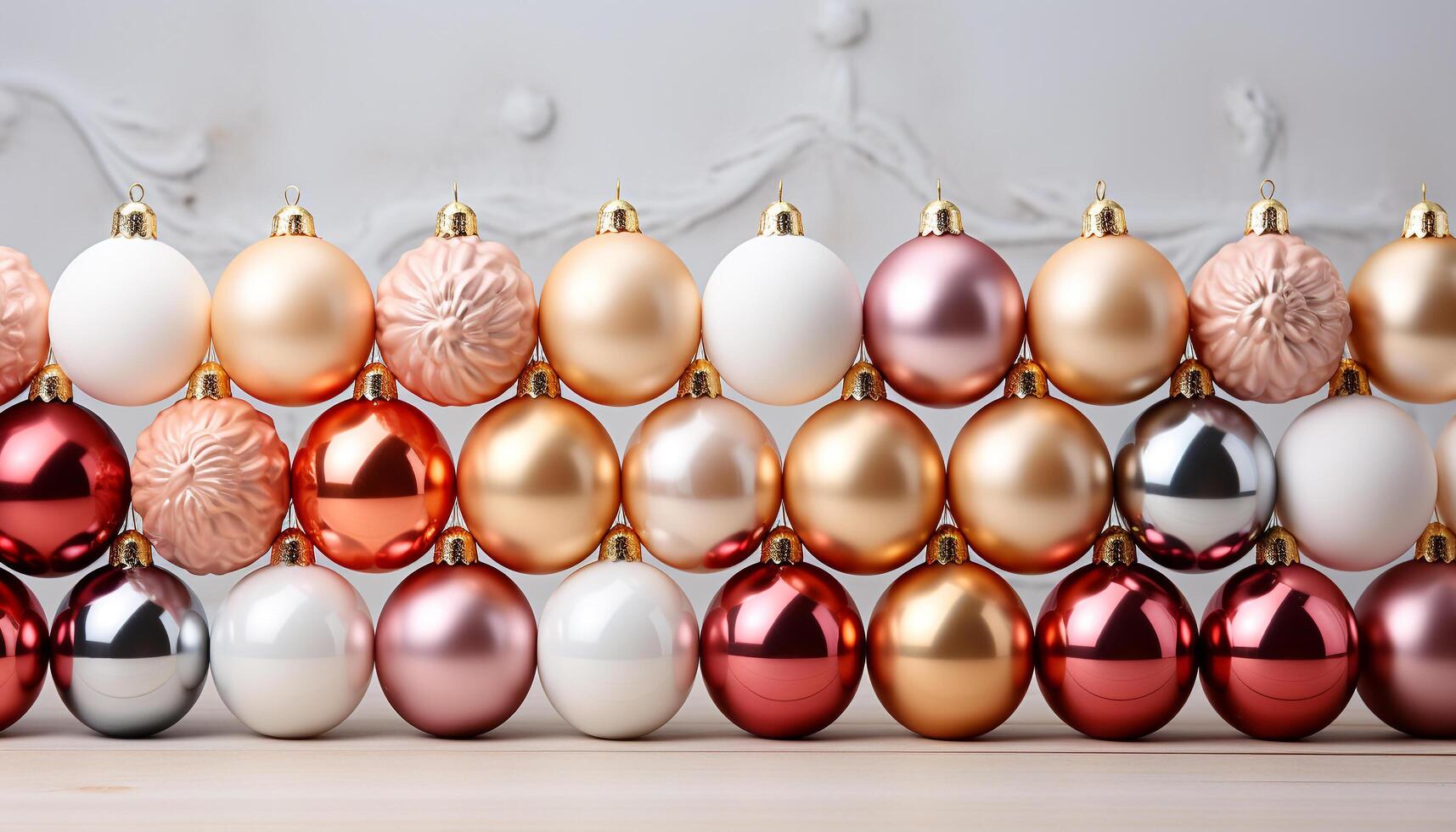 AI generated Christmas ornaments in vibrant colors decorate the tree in a row generated by AI photo