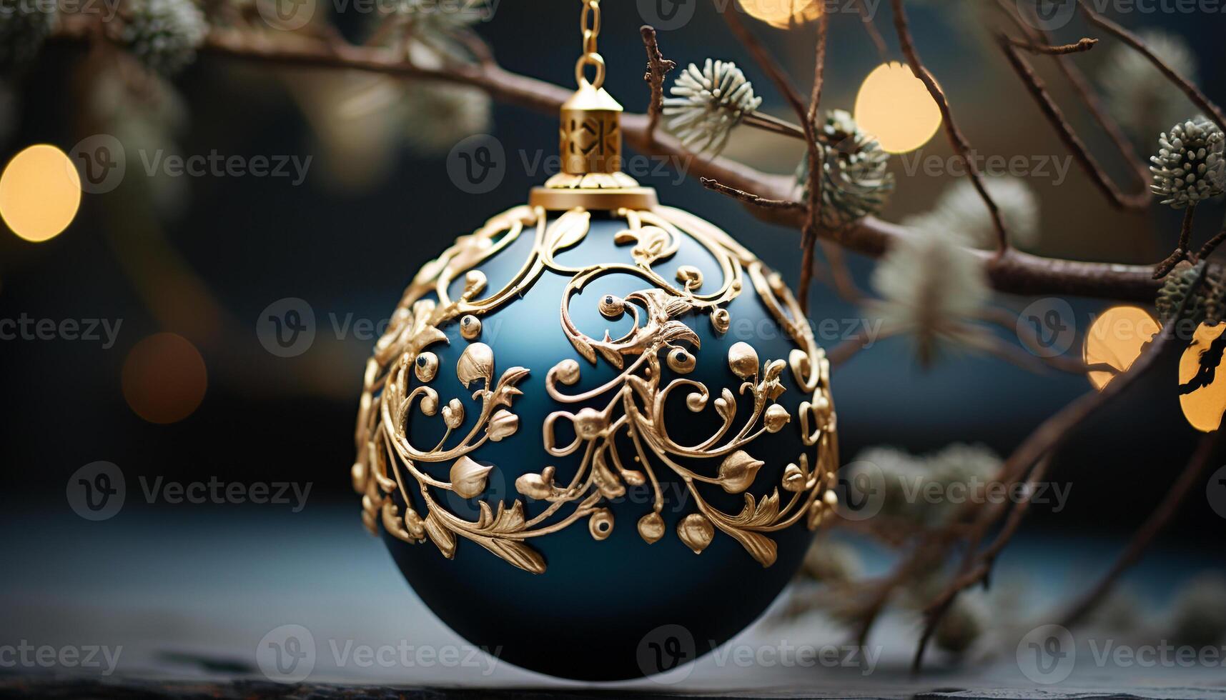 AI generated Christmas tree ornament hanging on a glowing blue background generated by AI photo