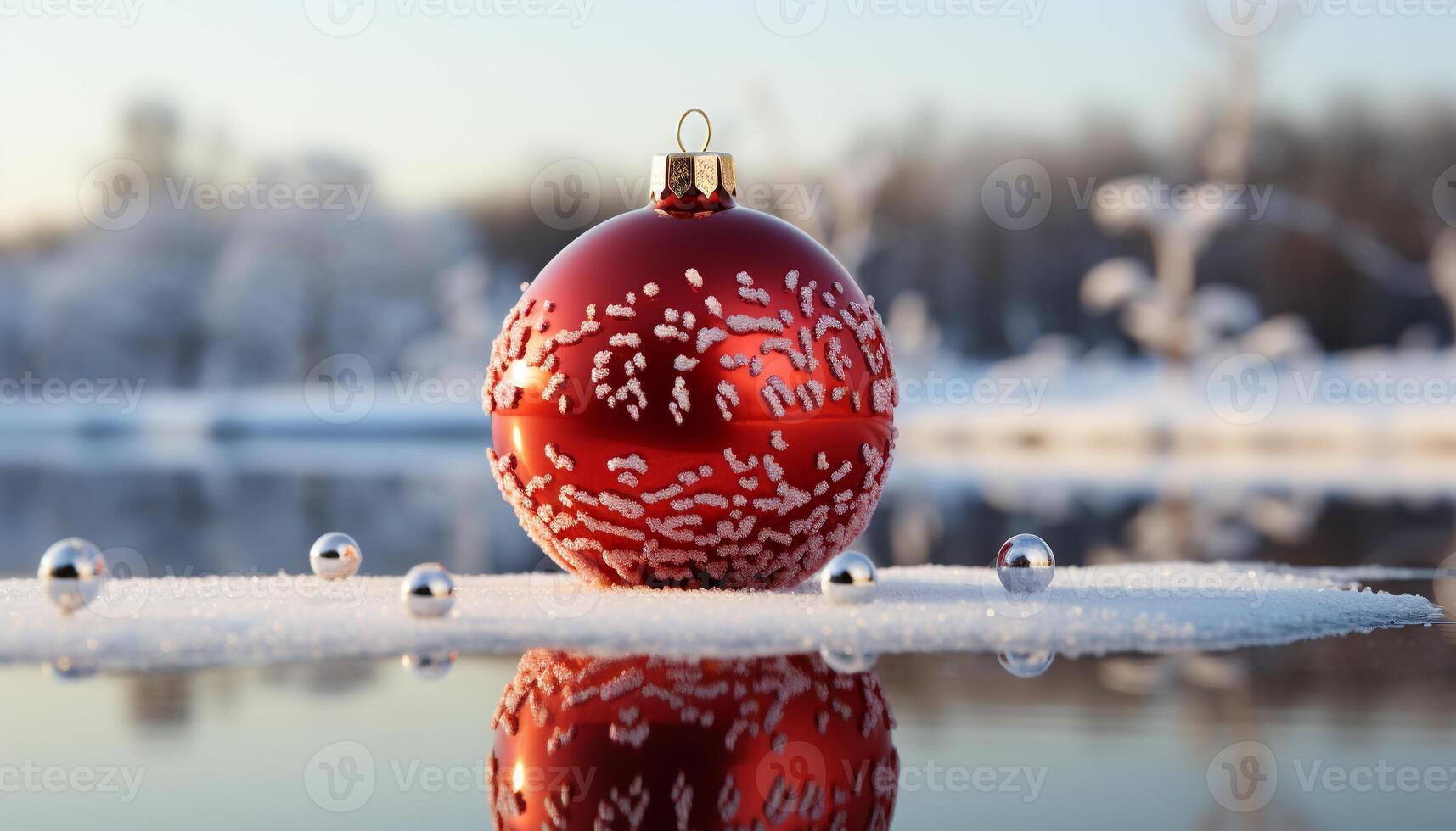 AI generated Winter celebration snow covered tree reflects Christmas ornaments in nature generated by AI photo