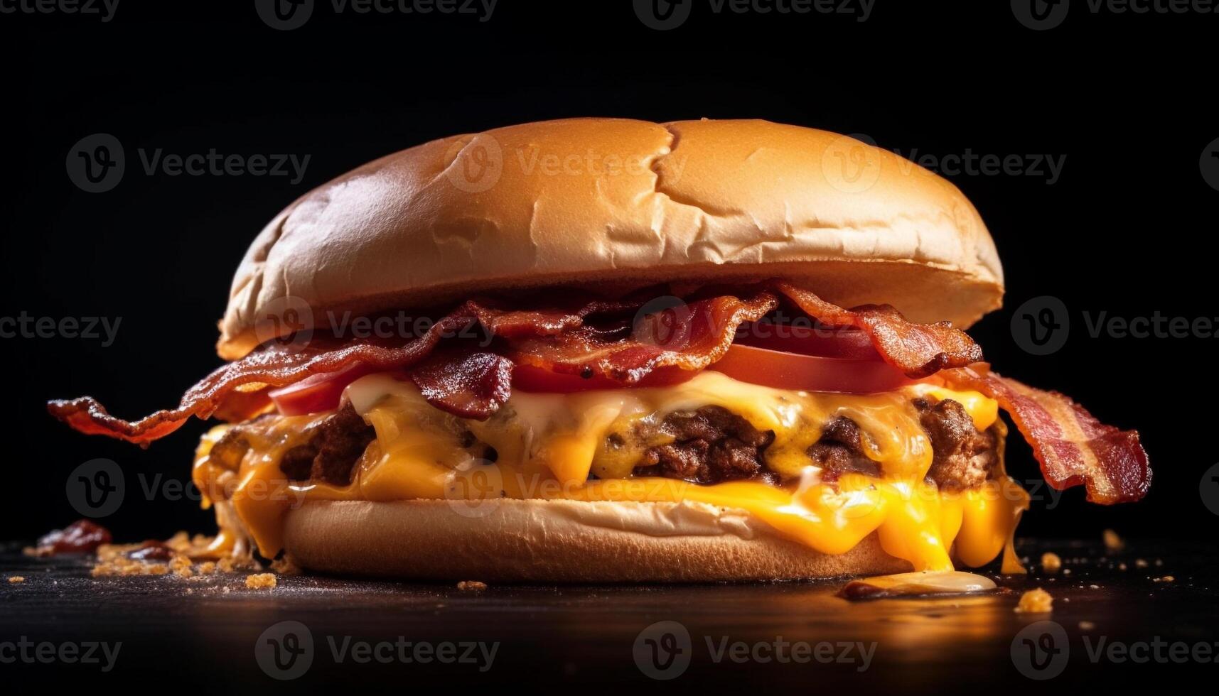 AI generated Grilled burger with cheese, fries, and salad on wooden plate generated by AI photo