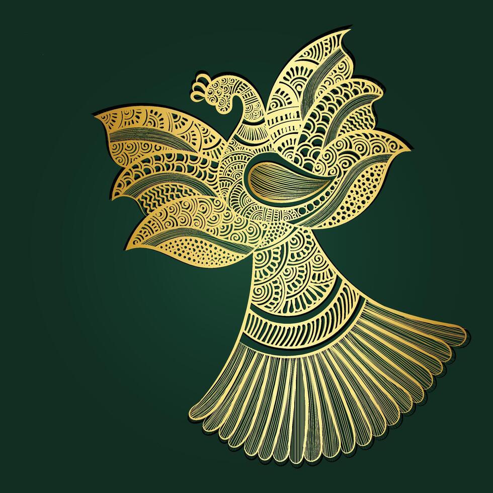 Golden Peacock and flower hand drawn design Free Vector