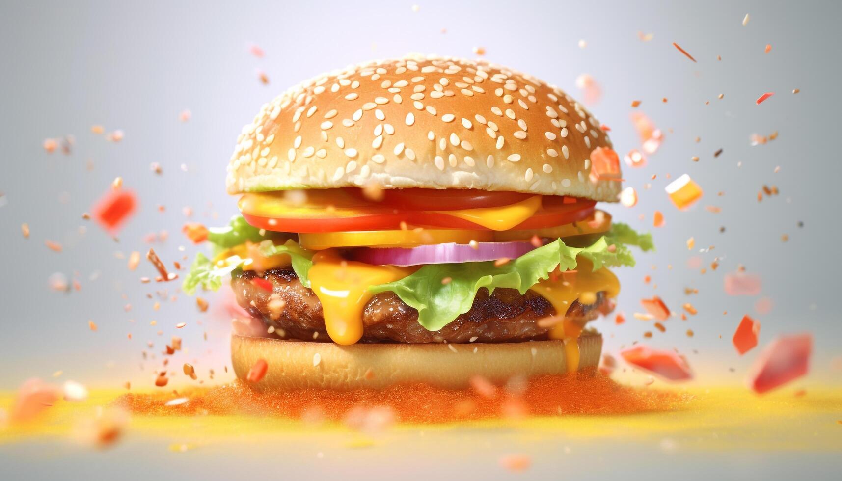 AI generated Gourmet grilled cheeseburger with fresh meat, tomato, and onion generated by AI photo
