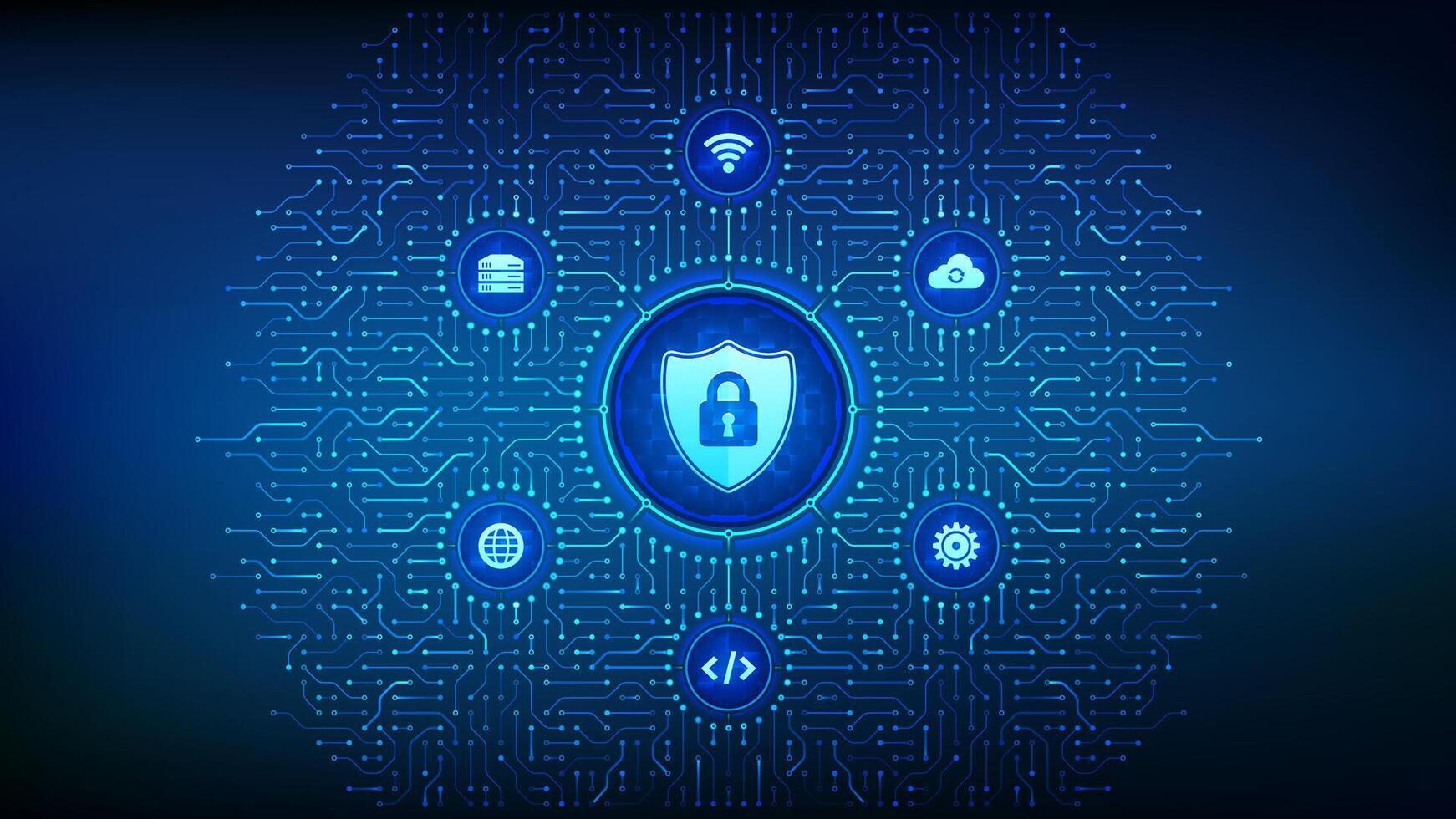 Security shield. Cyber security. Shield with Lock with keyhole icon. Cyber data protection. Information privacy idea. Background with circuit board connections and tech icons. Vector Illustration.