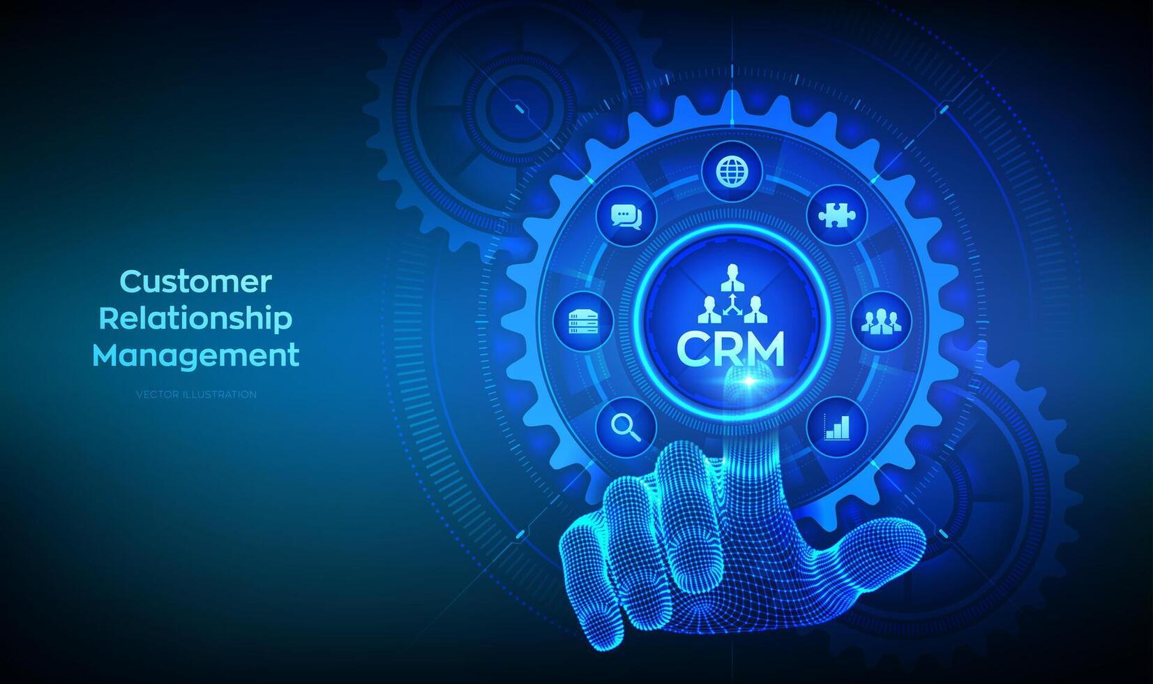 CRM. Customer Relationship Management. Customer service and relationship. Enterprise Communication. Wireframe hand touching digital interface with connected gears cogs and icons. Vector illustration.