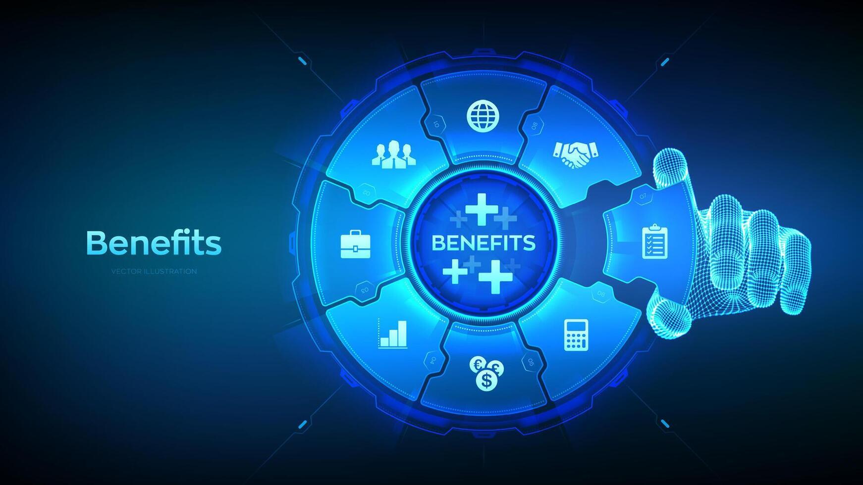 Employee benefits help to get the best human resources concept. Business for Profit, health insurance. Wireframe hand places an element into a composition visualizing Benefits. Vector illustration.