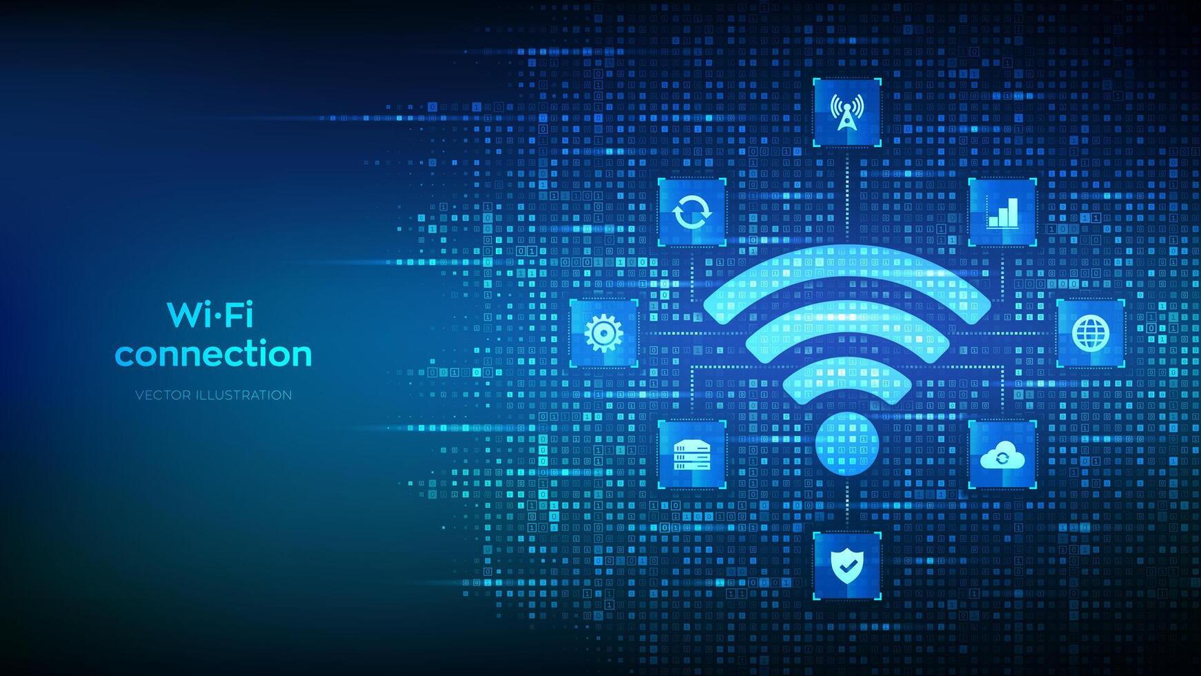 Wi-Fi network icon. Wi Fi sign made with binary code. Wlan access, wireless hotspot signal. Mobile connection zone. Data transfer icons connections. Mobile transmission. Vector illustration.