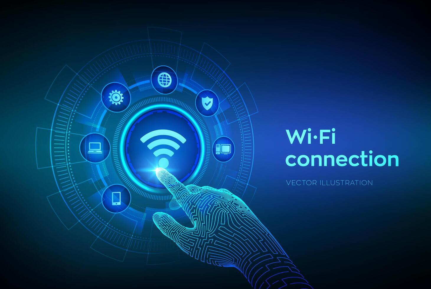 Wi Fi wireless connection concept. Free WiFi network signal technology internet concept. Mobile connection zone. Data transfer. Robotic hand touching digital interface. Vector illustration.