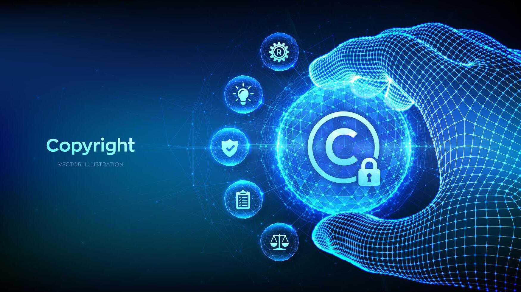 Copyright. Patents and intellectual property protection law and rights concept in the shape of sphere with hexagon pattern in wireframe hand. Protect business ideas. Vector Illustration.