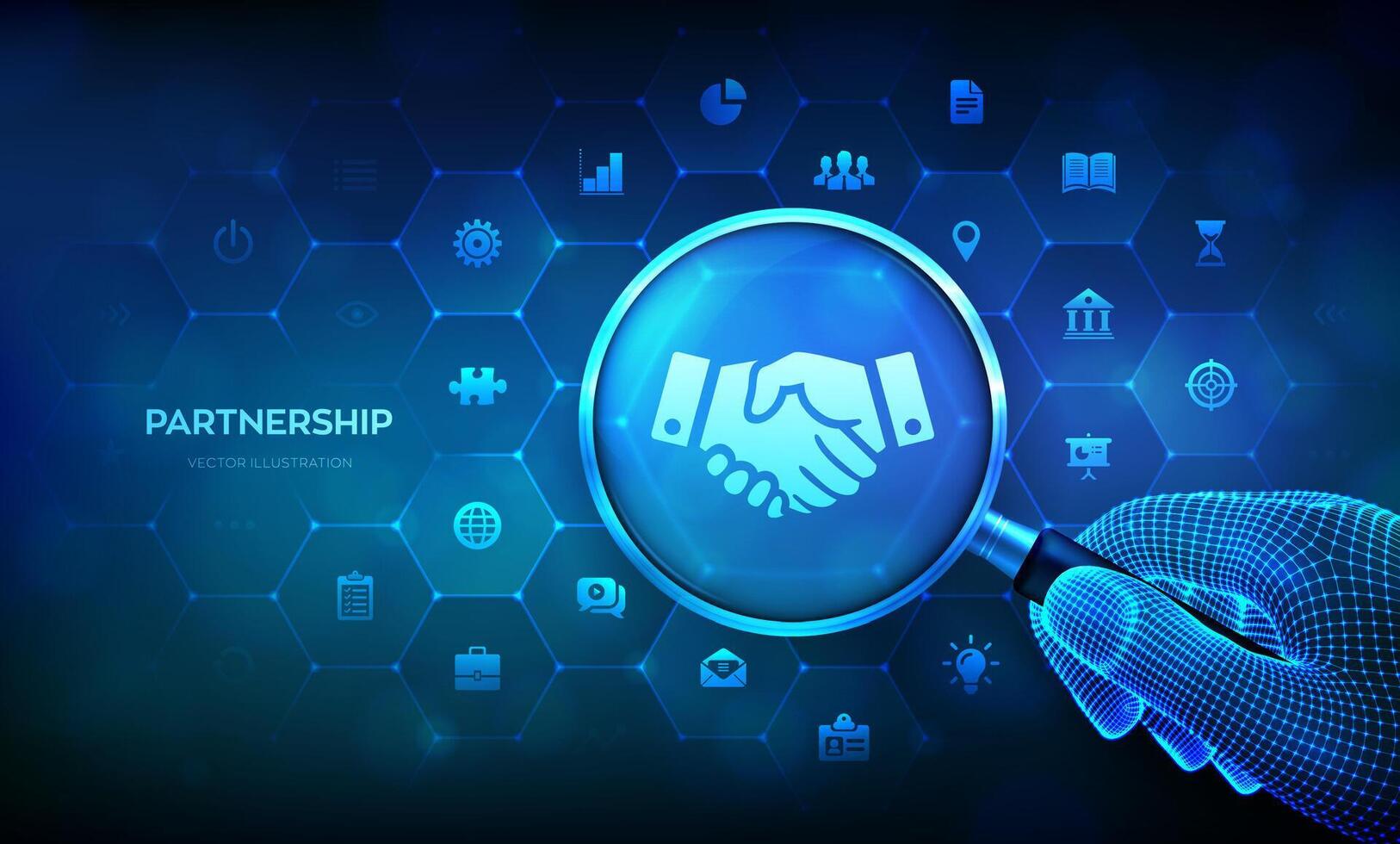 Partnership. Handshake. Teamwork technology concept with magnifier in wireframe hand and icons. Business partnership. Global cooperation network. Internet communication. Vector illustration.