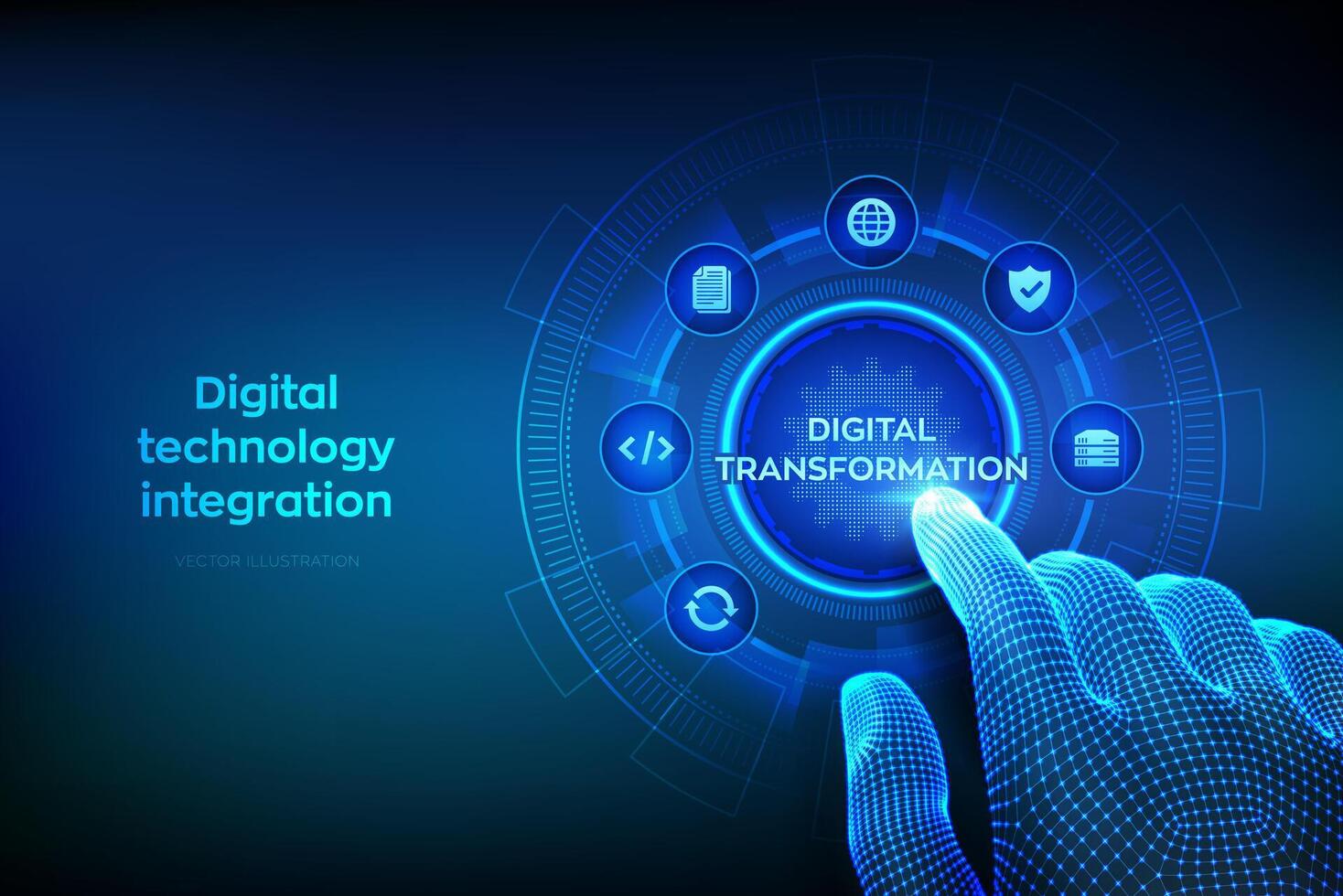 Digital transformation. Digitization of business processes modern technology concept on virtual screen. Disruption, innovation solutions. Wireframe hand touching digital interface. Vector illustration