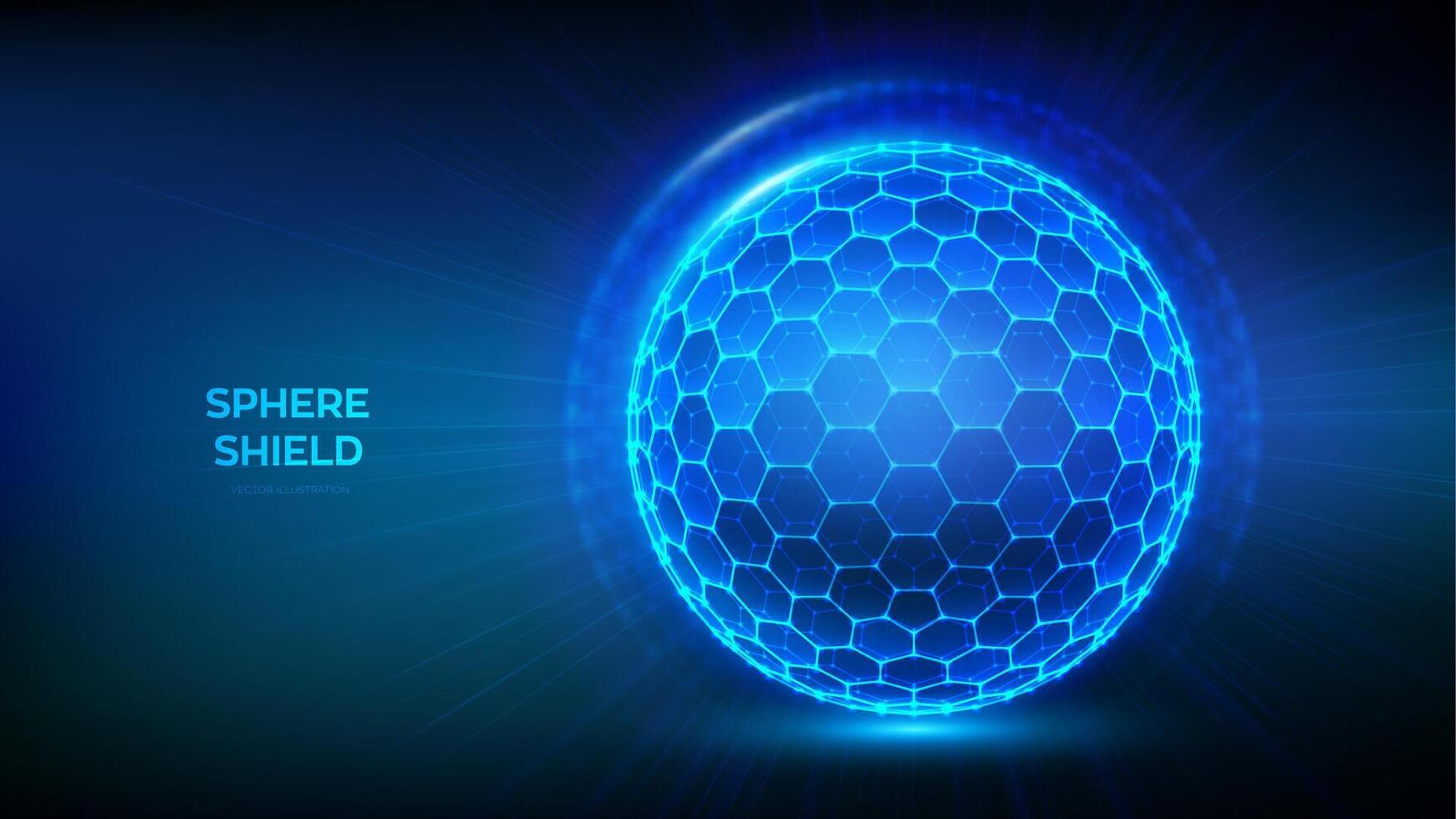 esfera proteger con hexágono modelo en azul antecedentes. resumen proteccion esfera blindaje. brillante burbuja proteger en el formar de un fuerza energía campo. proteccion y la seguridad concepto. vector ilustración.