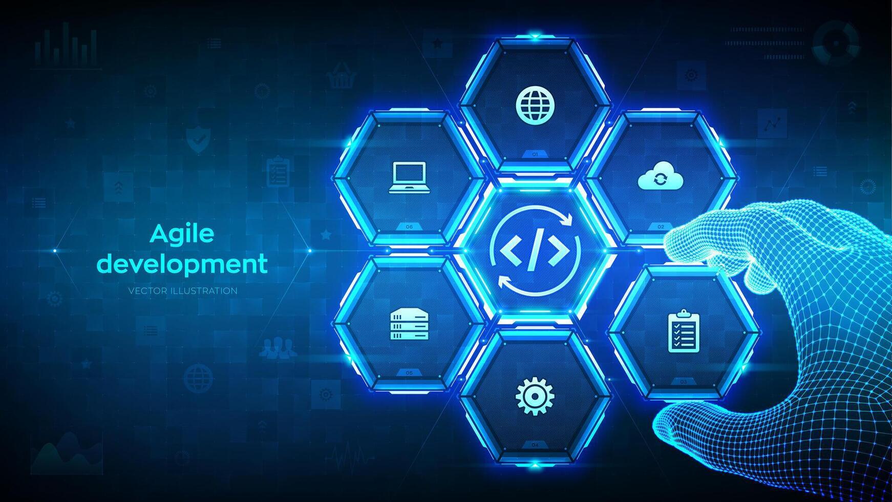 Agile development optimization concept. Software engineering. Software development practices methodology. Wireframe hand places an element into a composition visualizing Devops. Vector illustration.