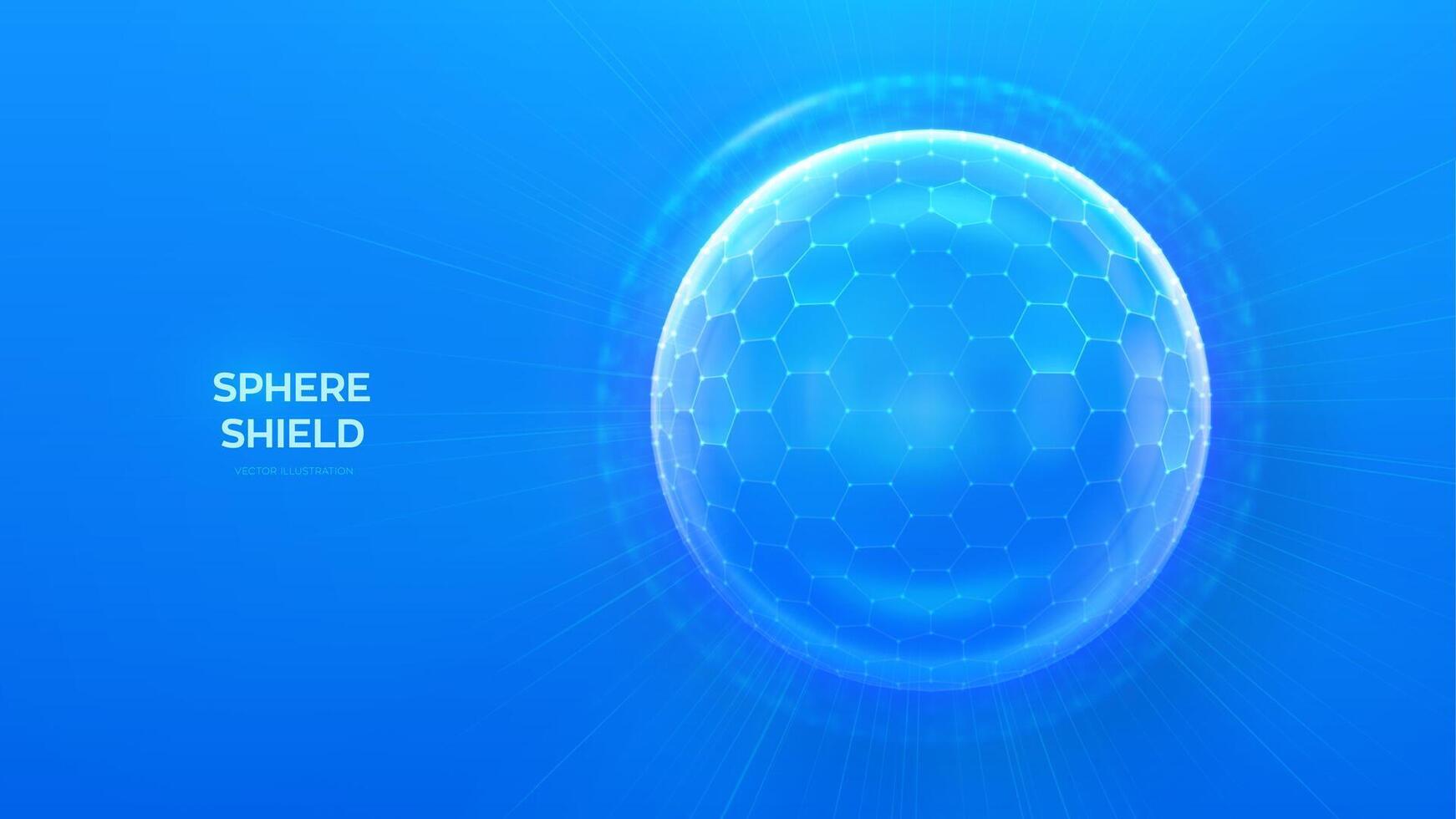 Glass transparent protection sphere shield. Sphere shield with hexagon pattern on blue background. Bubble shield in the form of a force energy field. Protection and safety concept. Vector illustration