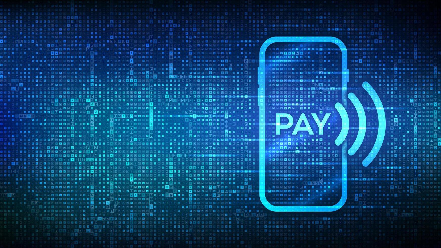 Payment with smartphone icon made with currency symbols. Online mobile payment. NFC. Near-field communication. Contactless payment. Background with Dollar, euro, yen, pound icons. Vector illustration.