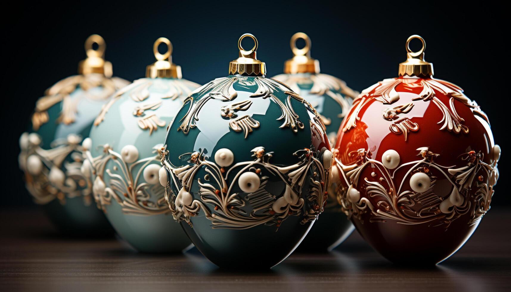 AI generated Christmas ornaments in gold, blue, and yellow decorate the tree generated by AI photo