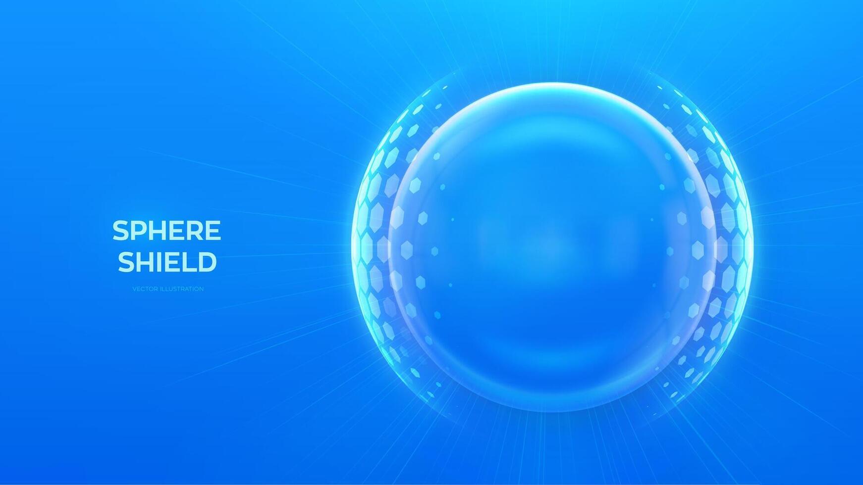 Glass transparent protection sphere shield. Sphere shield with hexagon pattern on blue background. Bubble shield in the form of a force energy field. Protection and safety concept. Vector illustration