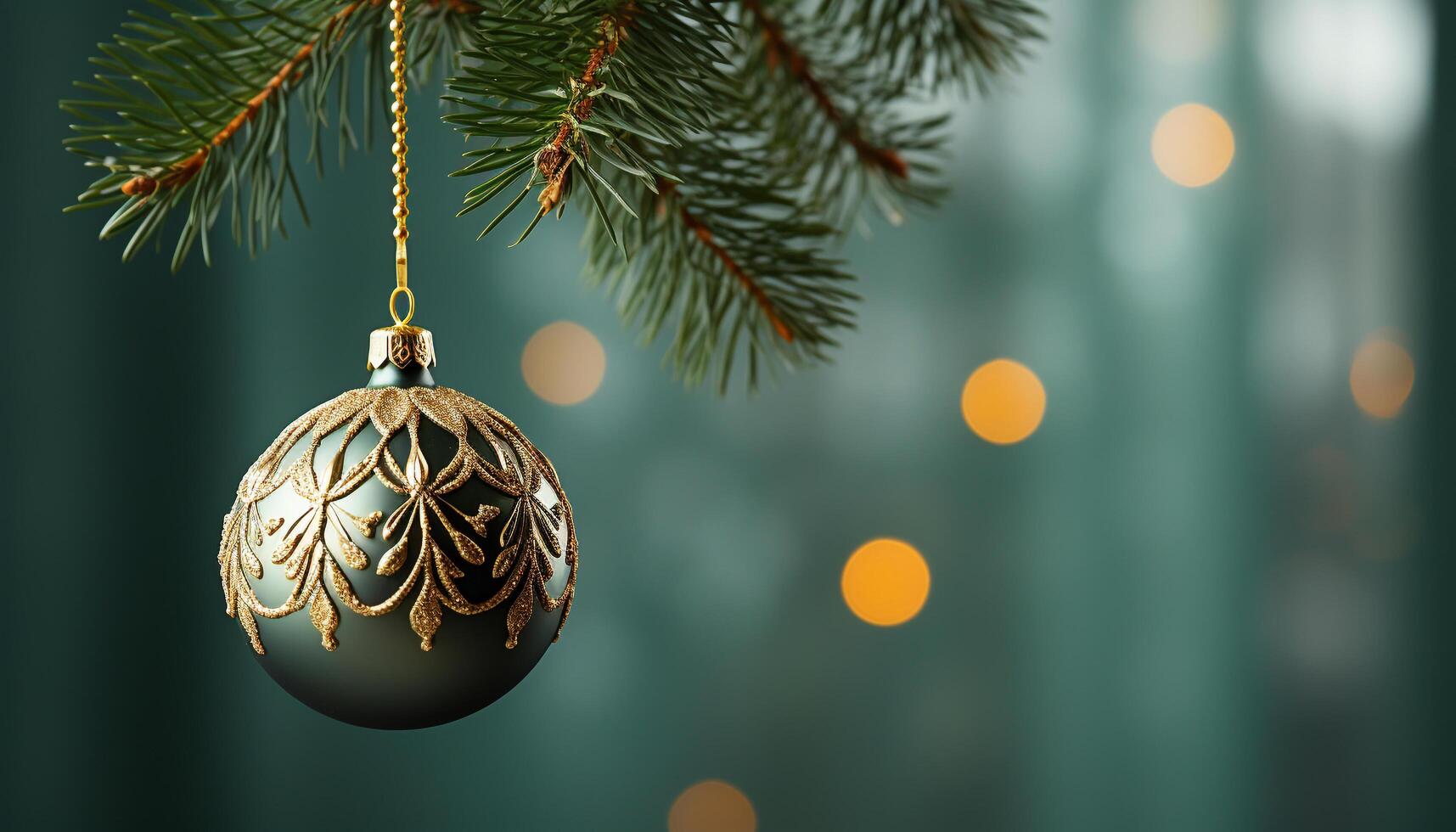 AI generated Glowing gold ornament hangs on snowy Christmas tree branch generated by AI photo