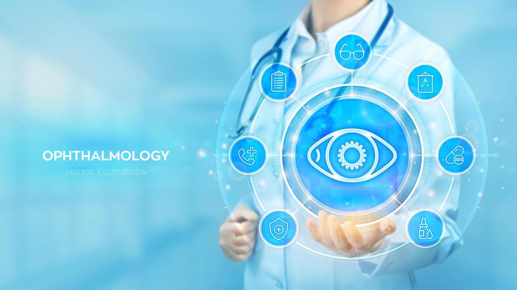 Ophthalmology. Ophthalmologist consultation. Eye Exam. Laser Surgery. Choosing glasses. Doctor holding in hand Eye icon and medicine icons network connection on virtual screen. Vector illustration.