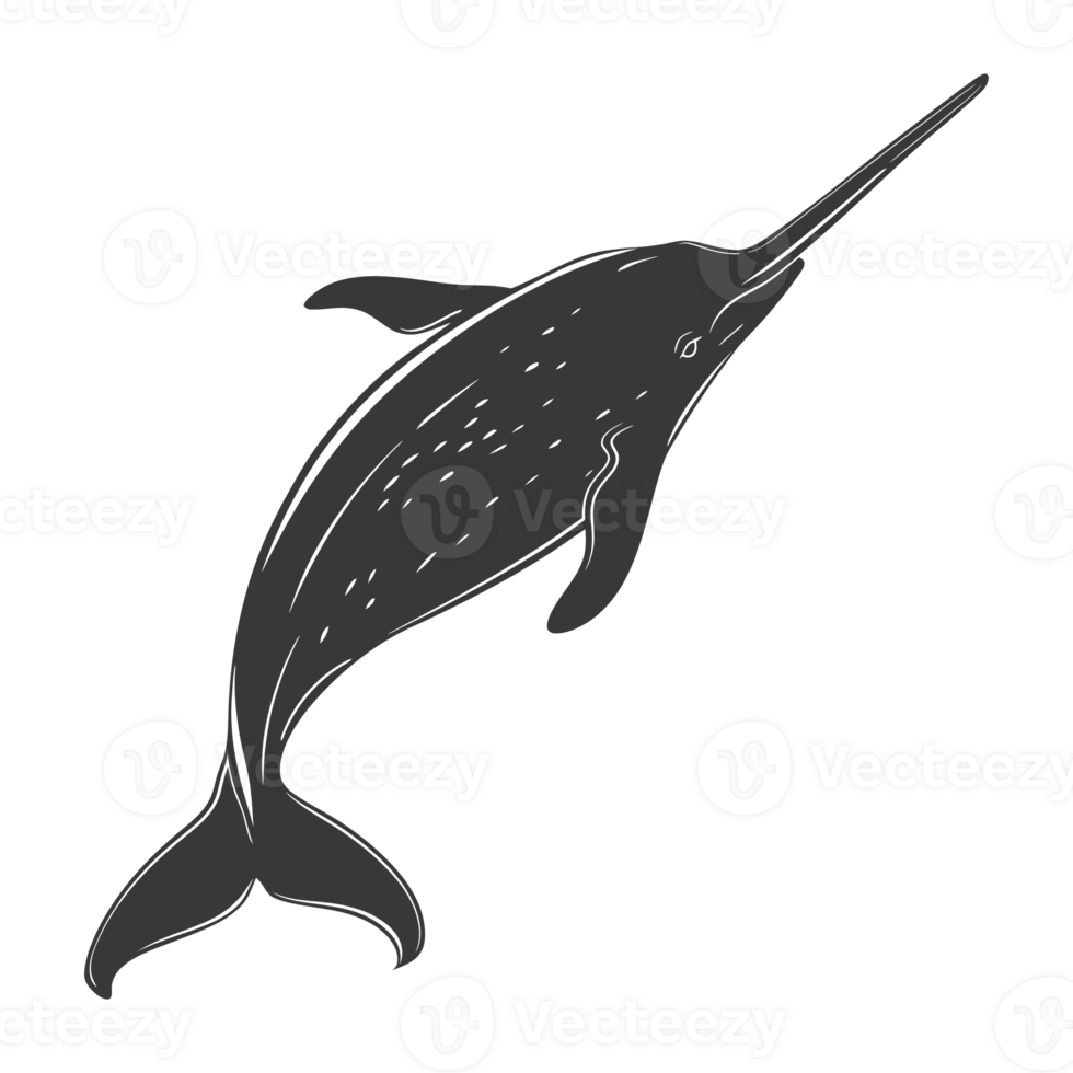 AI generated Silhouette narwhal animal black color only full body png