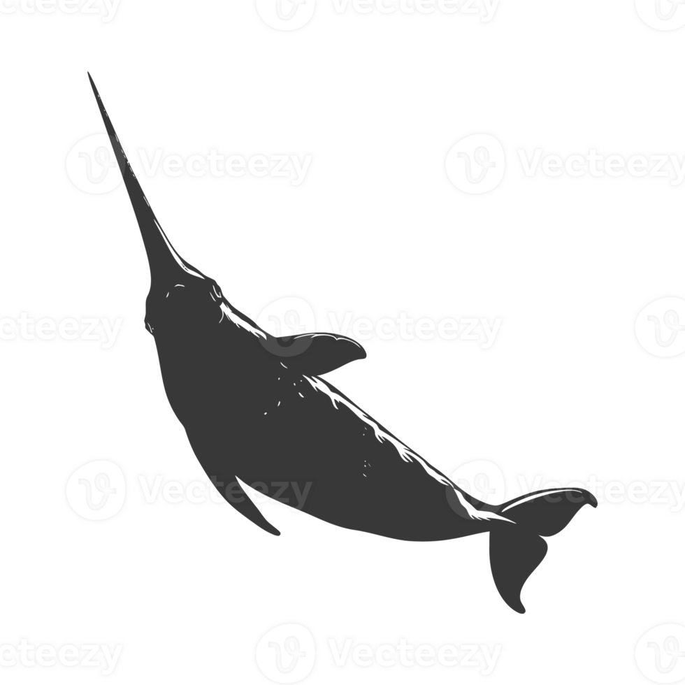 AI generated Silhouette narwhal animal black color only full body png