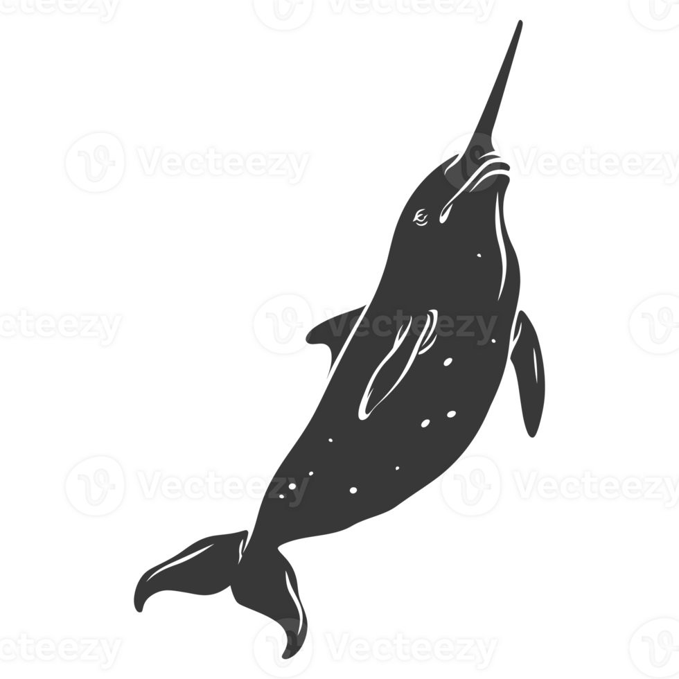 AI generated Silhouette narwhal animal black color only full body png
