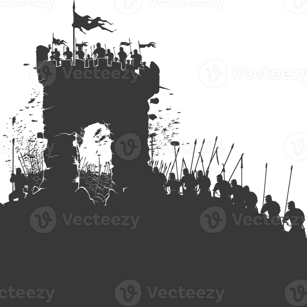 AI generated silhouette of a ancient war situation black color only png