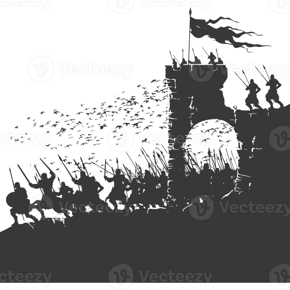 AI generated silhouette of a ancient war situation black color only png