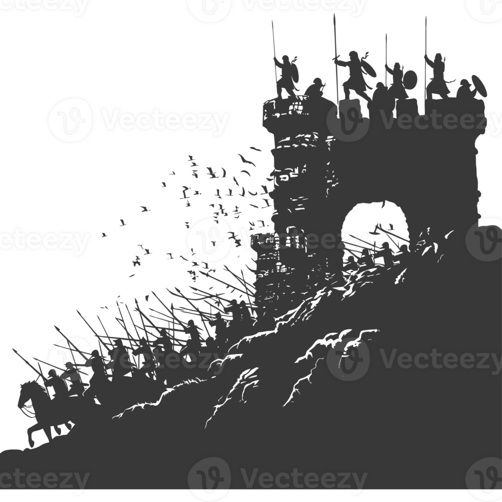 AI generated silhouette of a ancient war situation black color only png