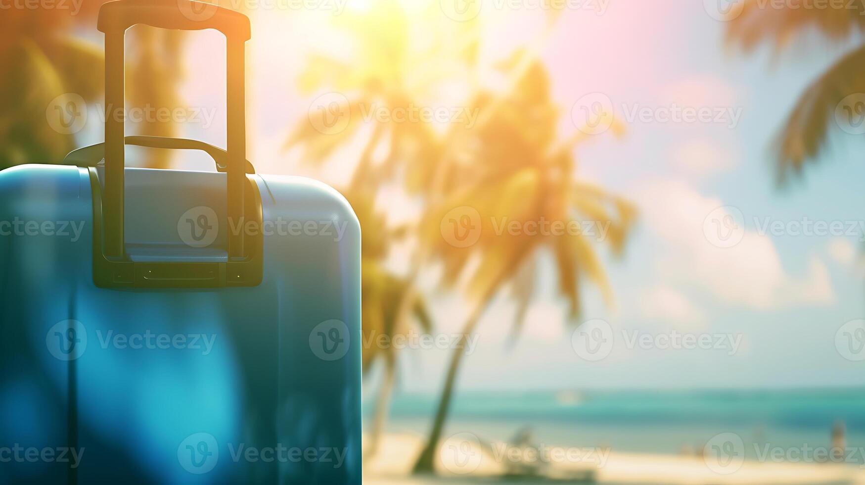 AI generated Blue Luggage Resting on a Beach. Generative AI. photo