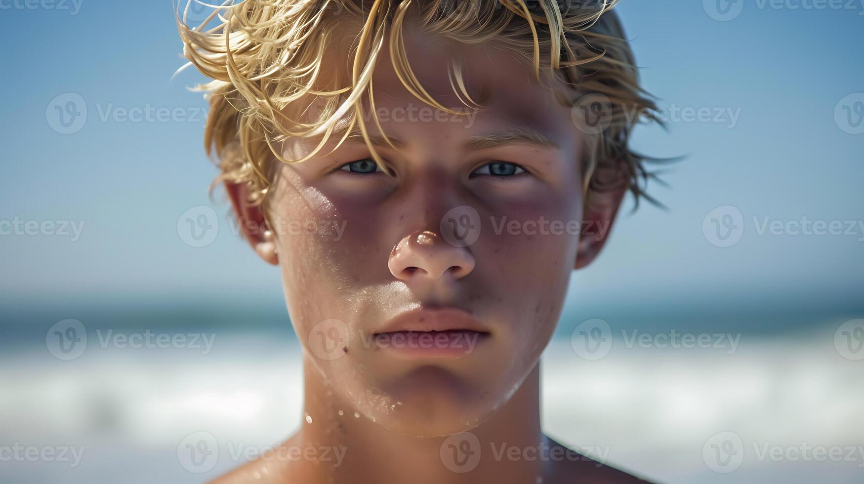 ai generado de cerca de un rubio hombre en un playa. generativo ai. foto