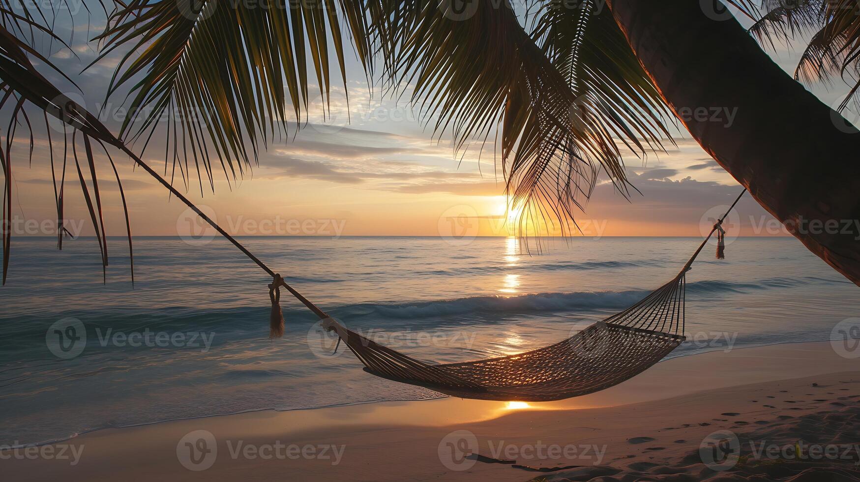 AI generated Hammock Hanging From Palm Tree on Beach. Generative AI. photo