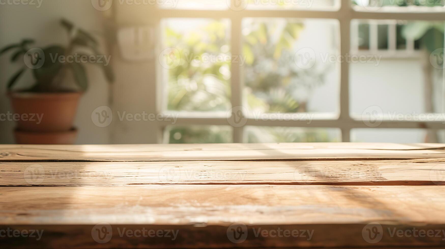 AI generated Close-Up of Wooden Table With Background Window. Generative AI. photo