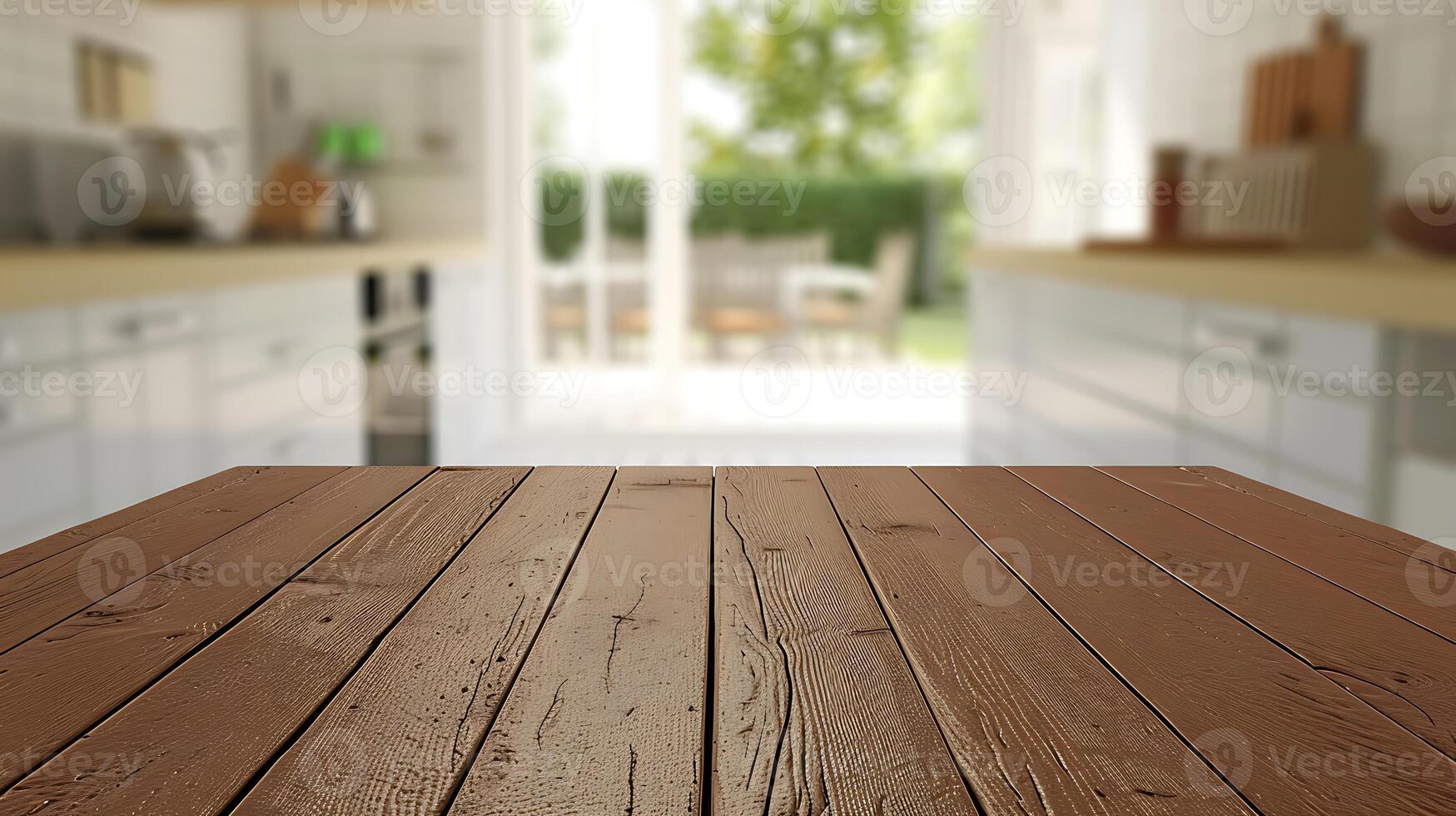 AI generated Wooden Table Top in Kitchen With White Cabinets. Generative AI. photo