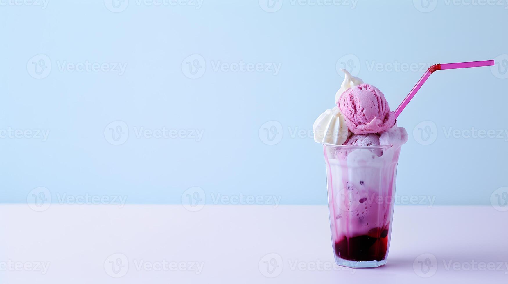 ai generado rosado bebida y hielo crema con paja. generativo ai foto