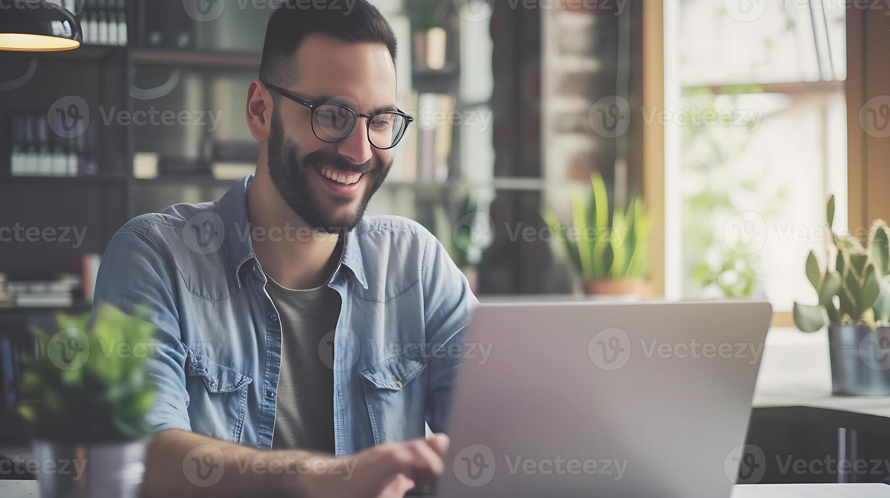 AI generated Man Working on Laptop at Table. Generative AI. photo