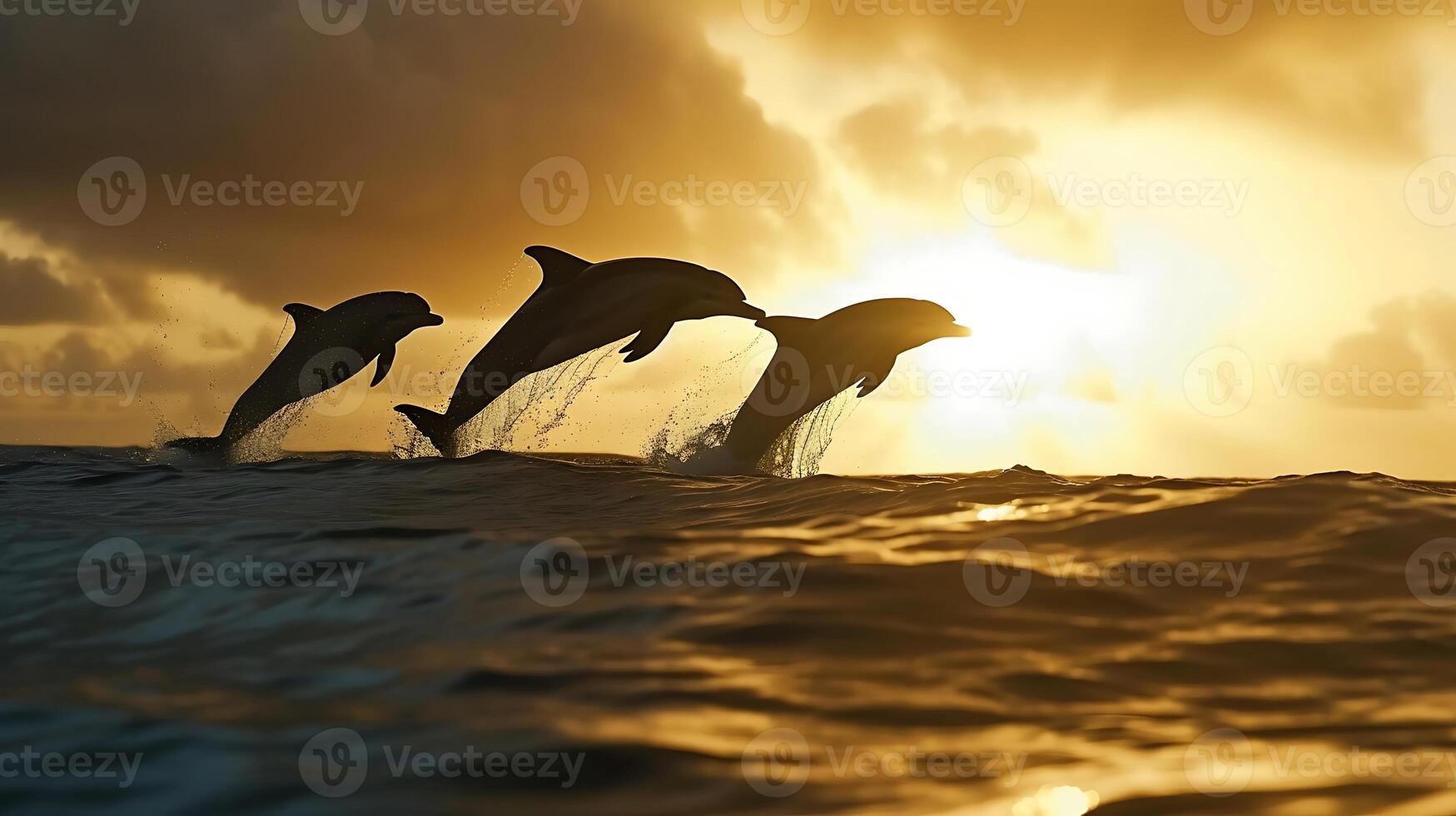 ai generado dos delfines saltando fuera de el agua a puesta de sol. generativo ai. foto