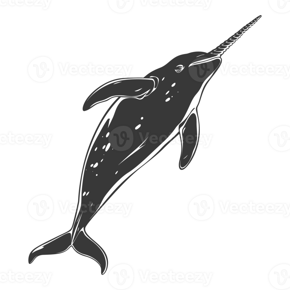 AI generated Silhouette narwhal animal black color only full body png