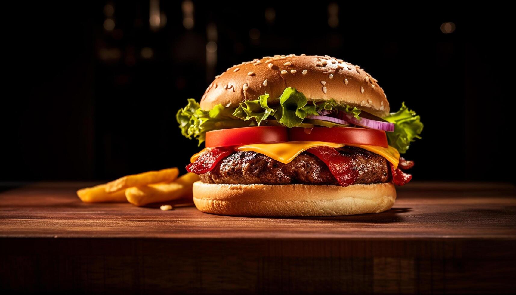 AI generated Grilled cheeseburger on wooden table, a delicious unhealthy snack generated by AI photo