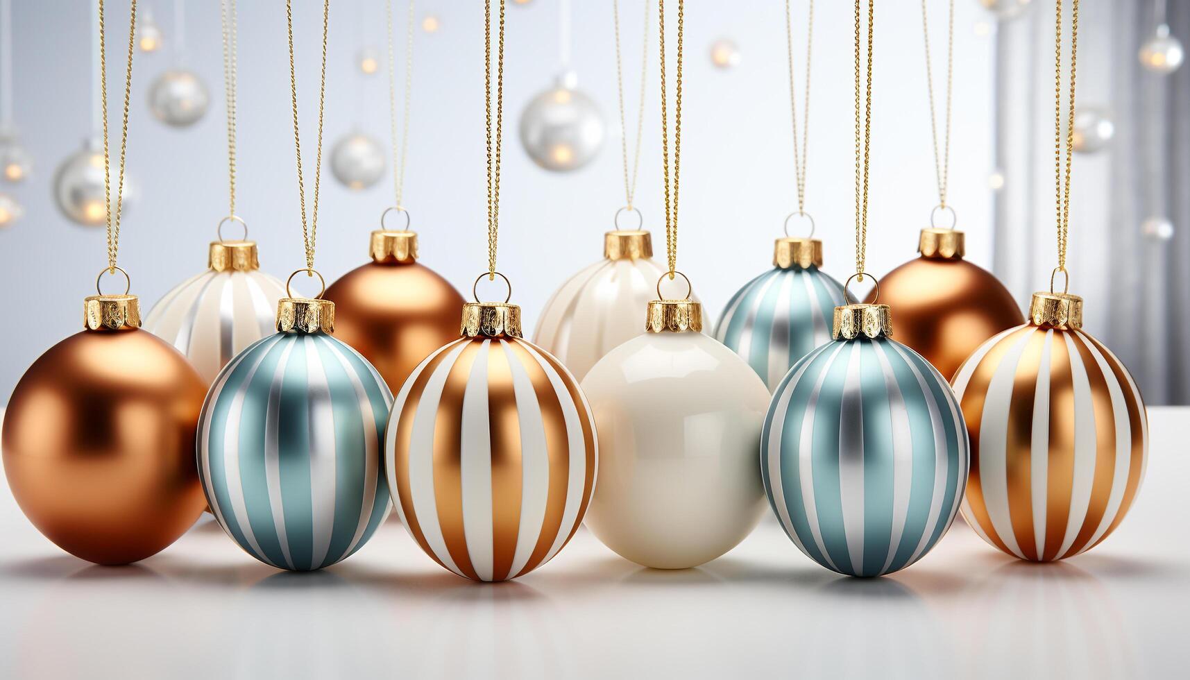 AI generated Shiny gold ornaments decorate the winter backdrop in vibrant colors generated by AI photo