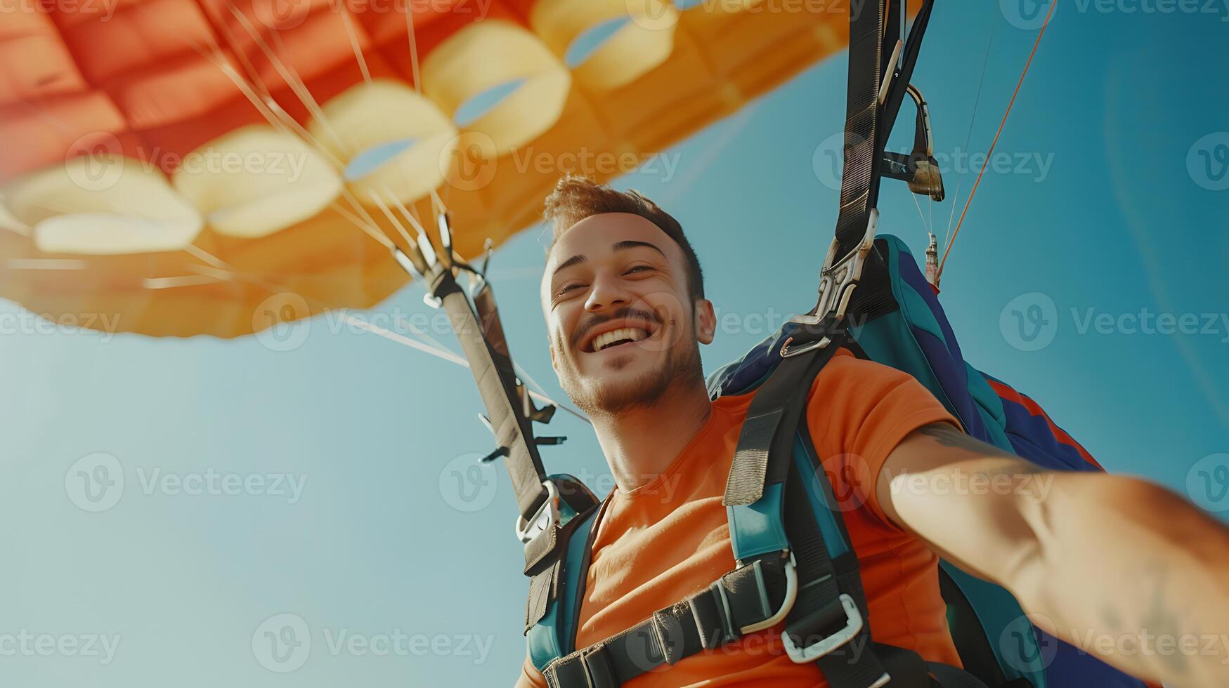 AI generated Man in Orange Shirt Holding Onto Parachute. Generative AI. photo