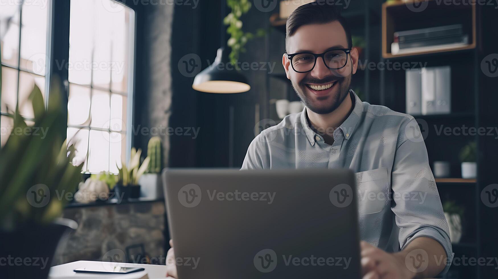 AI generated Man Sitting in Front of Laptop Computer. Generative AI. photo