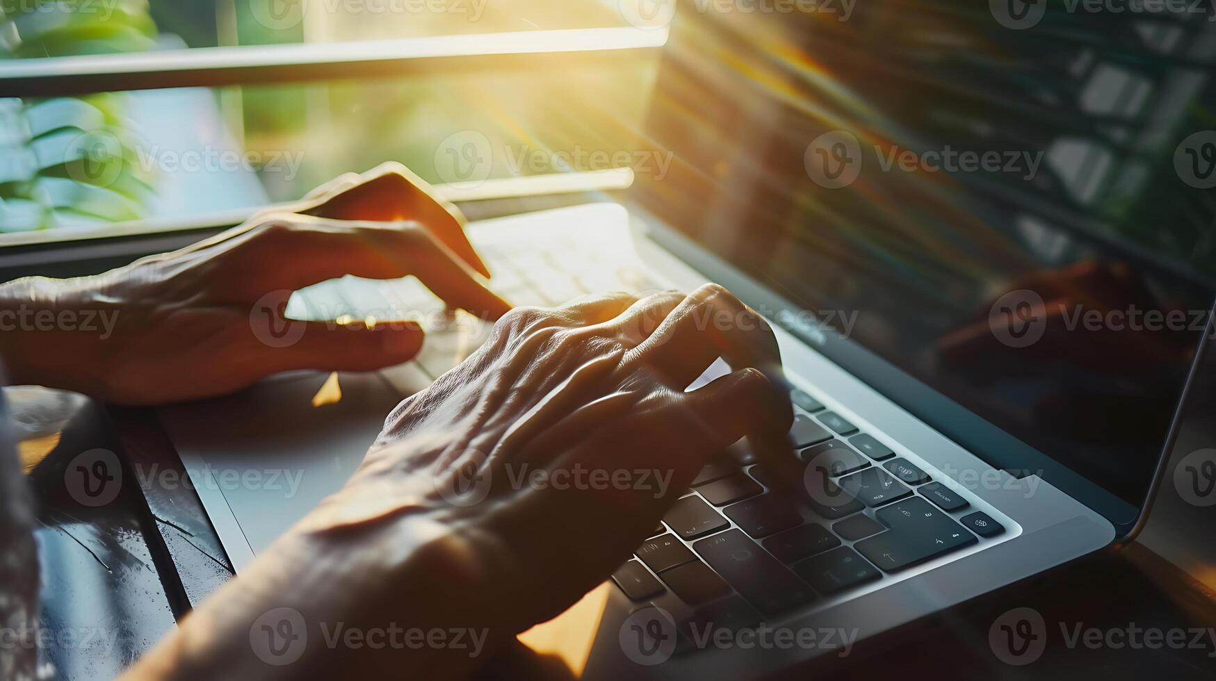 AI generated Person Typing on Laptop at Table. Generative AI. photo