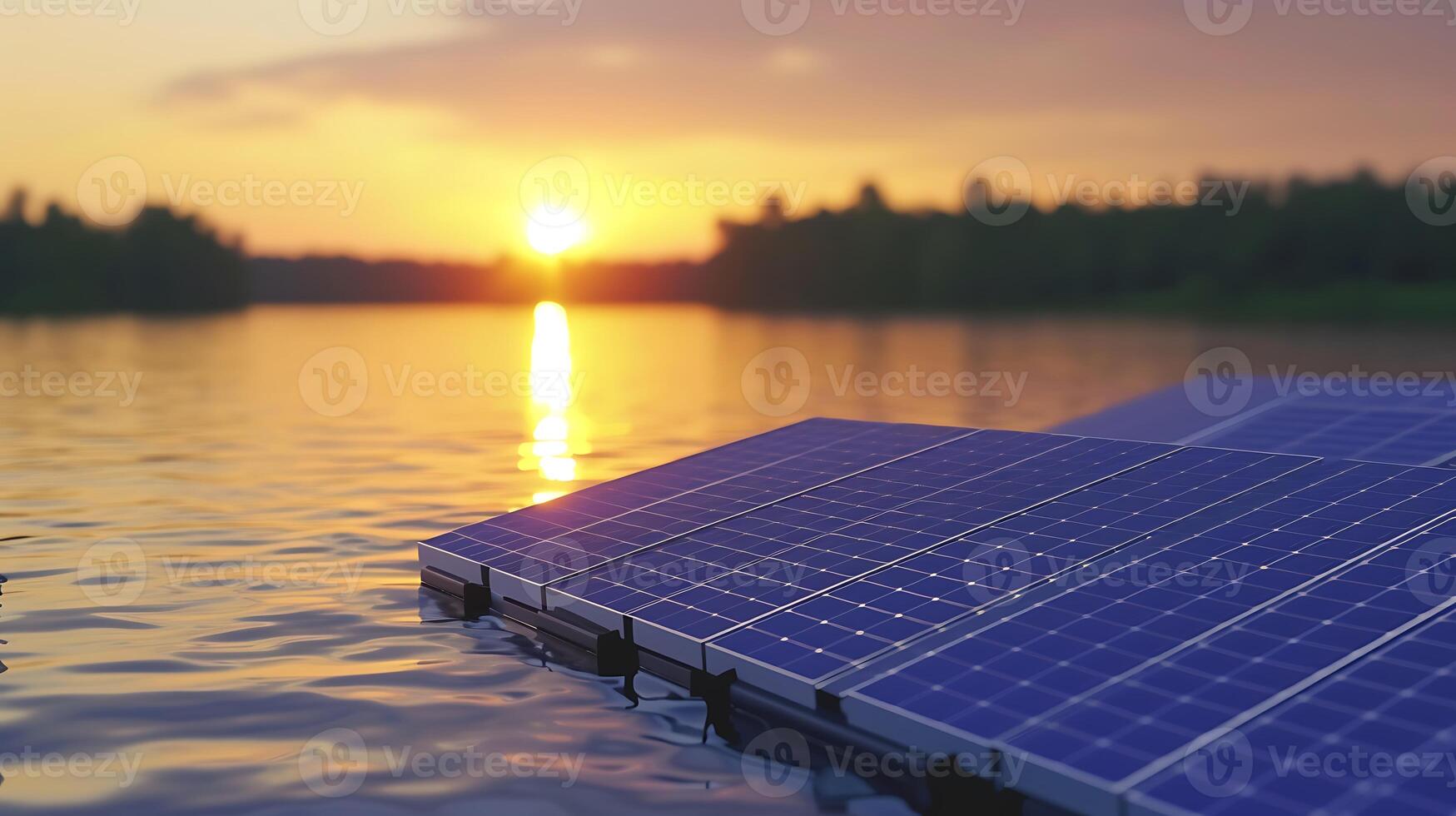 AI generated Floating Solar Panel on Lake. Generative AI. photo