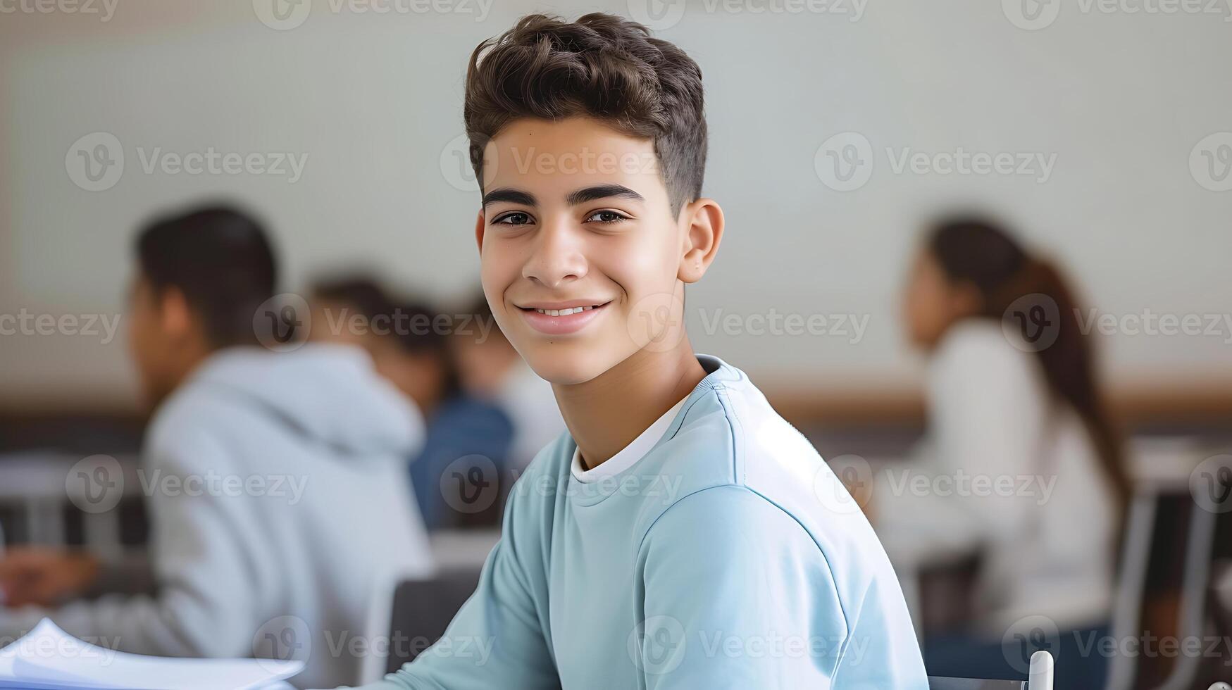 AI generated Young Boy Sitting at Classroom Desk. Generative AI. photo
