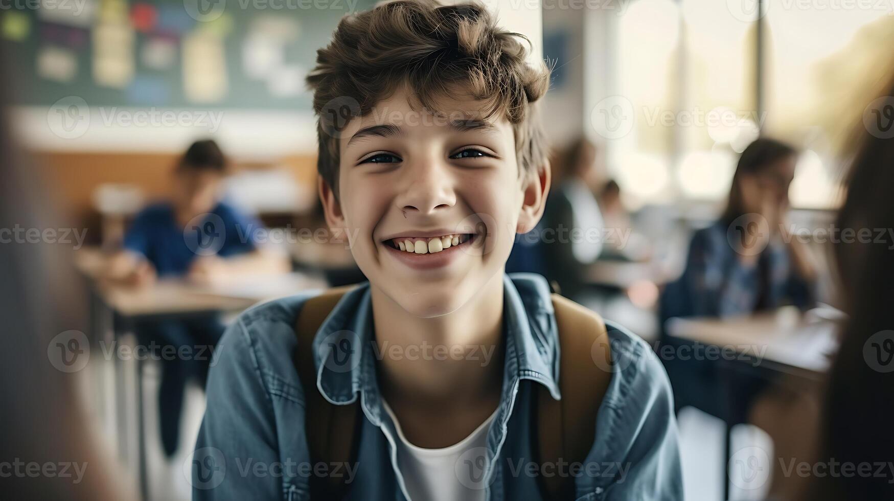AI generated Smiling Young Boy in Classroom. Generative AI. photo