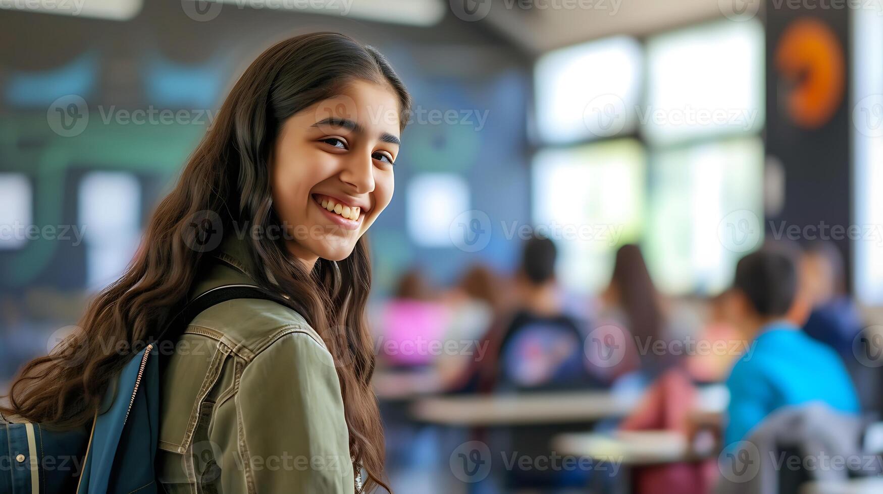 AI generated Smiling Girl With Backpack. Generative AI. photo